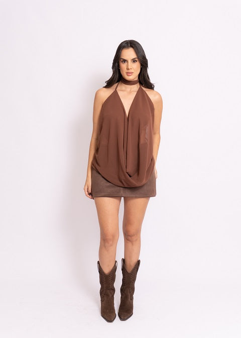 Saia Suede Elô - Marrom Escuro